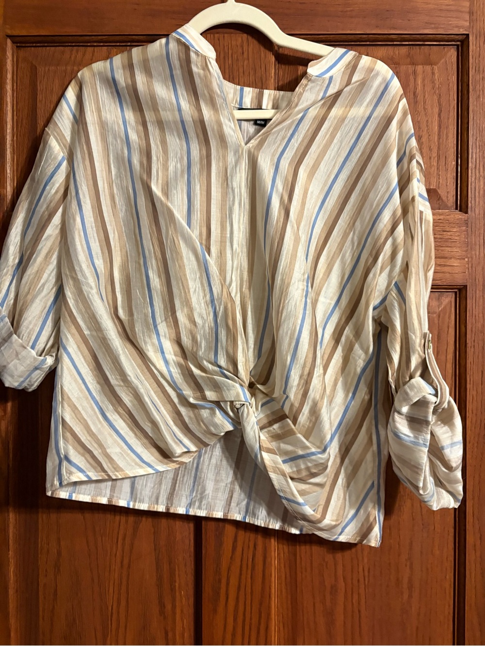 Charlie B Striped Front-Twist V-Neck Blouse - Beige, Cream & Blue
